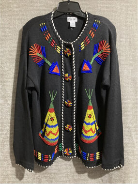 Vintage Victoria Jones Aztec Beaded Sweater Cardigan Women’s Black Teepee  M